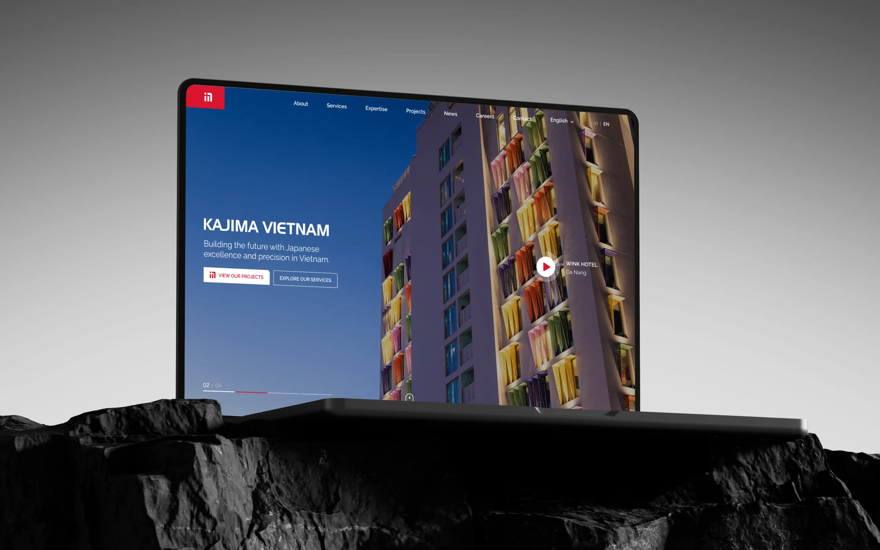 Kajima Vietnam website shown on a laptop