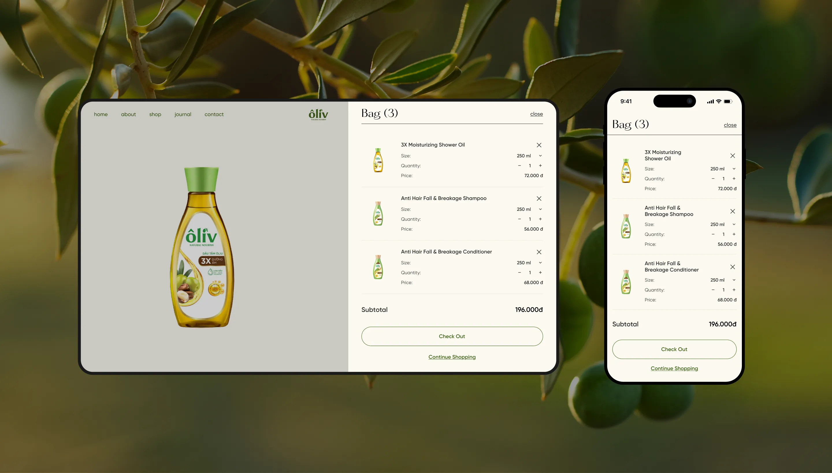 Oliv shopping bag on desktop and mobile