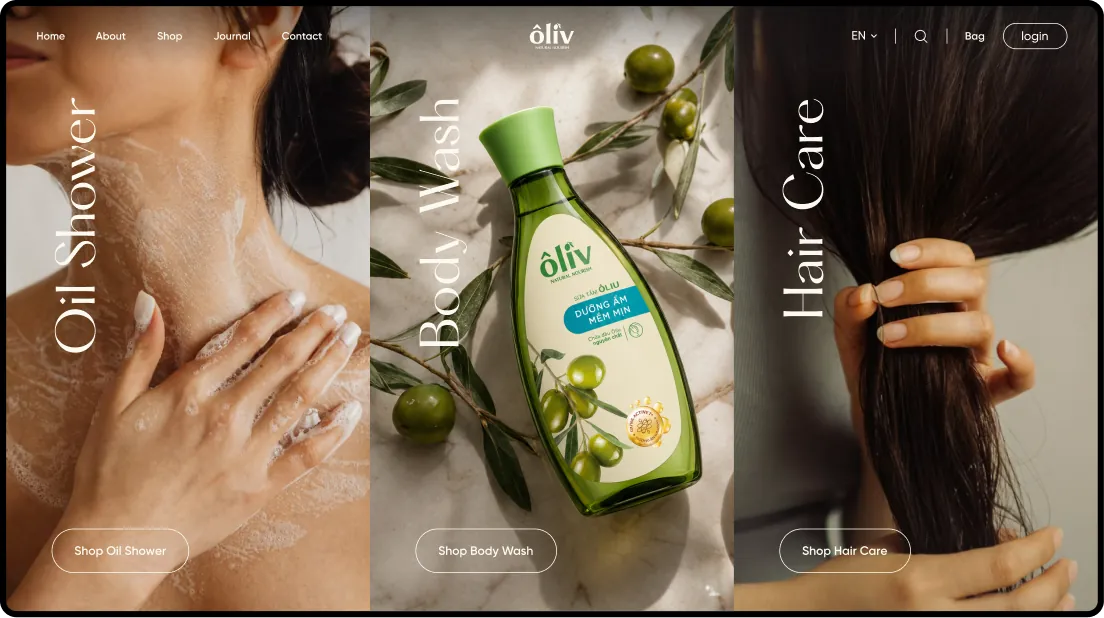 Oliv website banner for Oil Shower, Body Wash and Hair Care