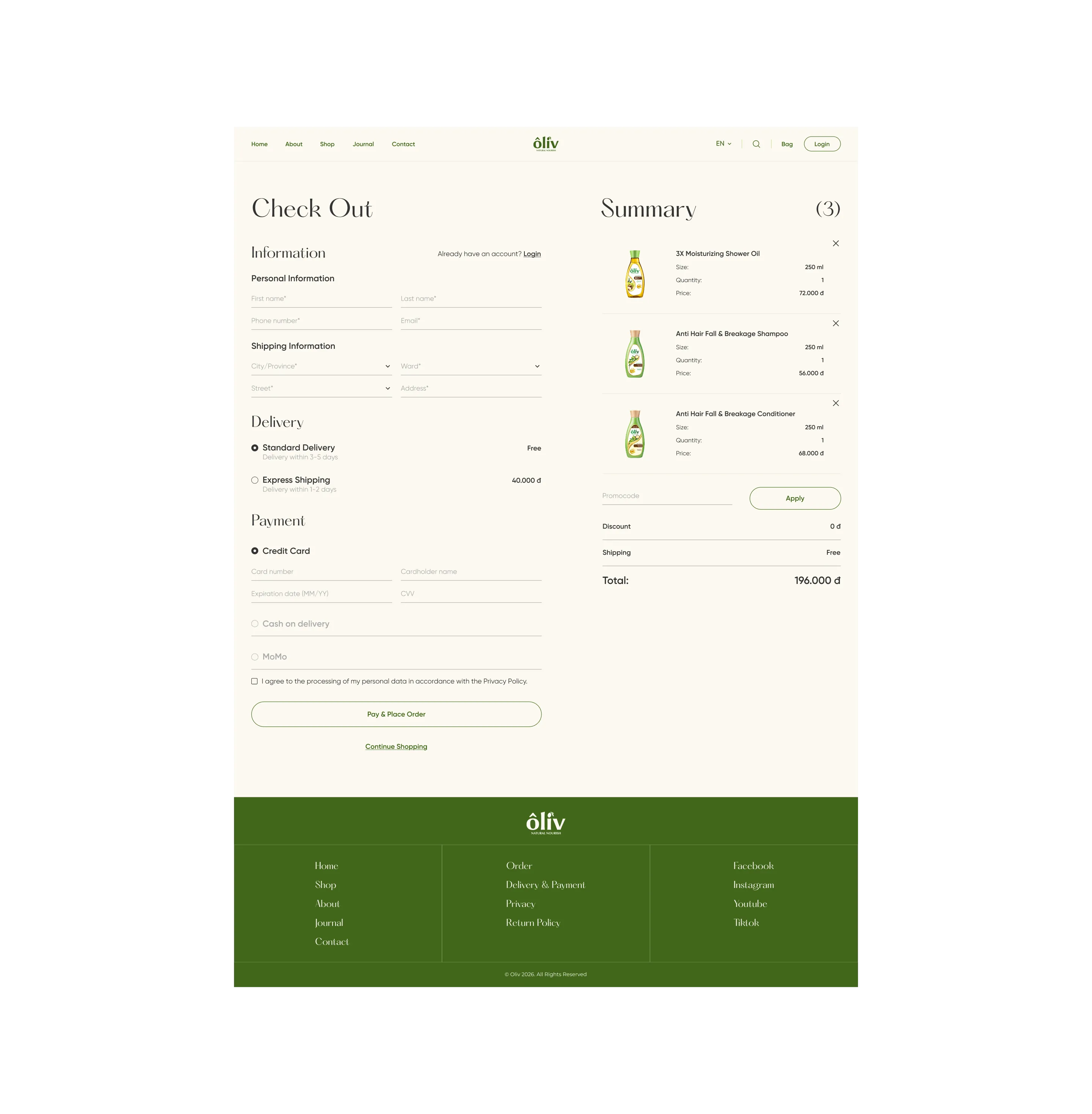Oliv checkout page design