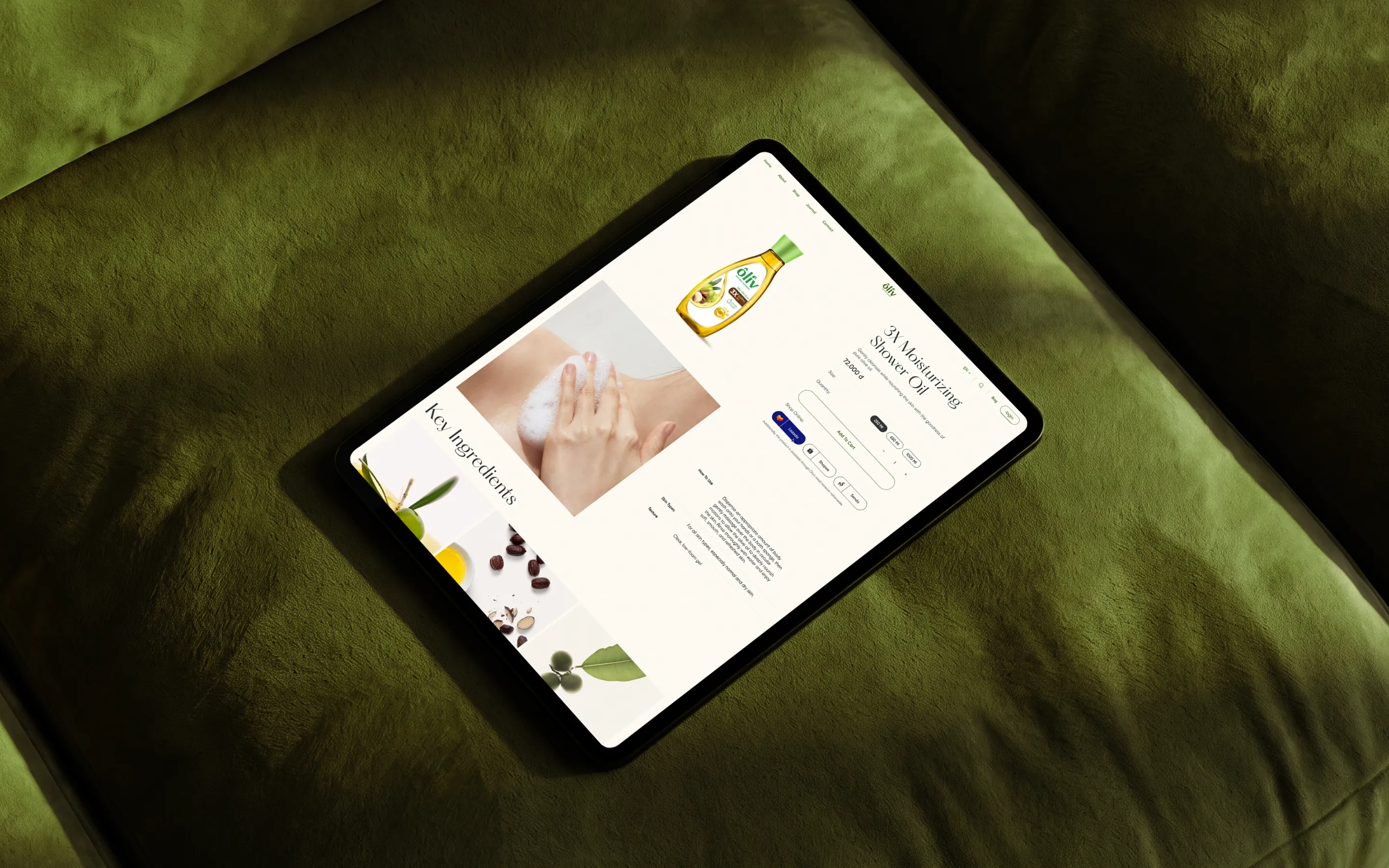 Oliv product page for 3X Moisturizing Shower Oil on a tablet