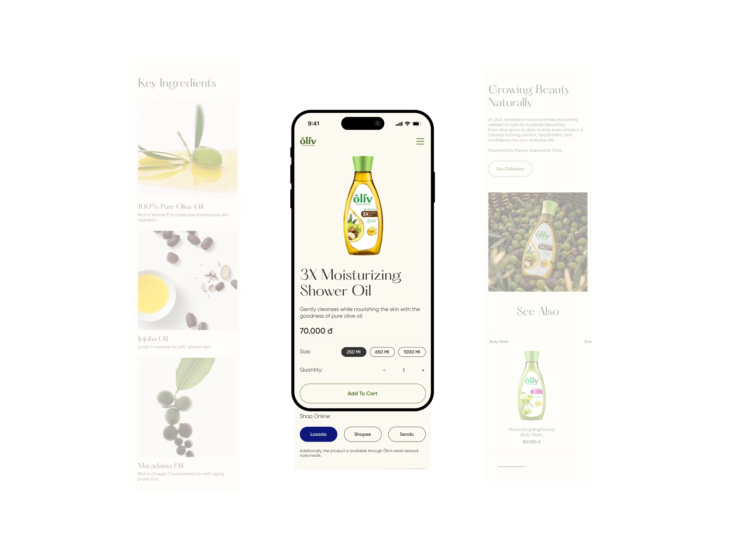 Oliv mobile product page with key ingredients and related products